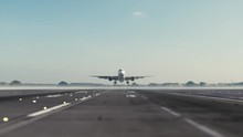 Airplane Takes Off Over Head. Airplane Taking Off From The Airport. 