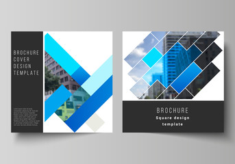 The minimal vector illustration layout of two square format covers design templates for brochure, flyer, magazine. Abstract geometric pattern creative modern blue background with rectangles.