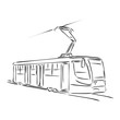 Isolated vector illustration of a tram. Public urban transportation. Hand drawn linear doodle ink sketch. Black silhouette on white background. tram vector sketch illustration