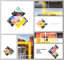Poster - The minimalistic abstract vector illustration of the editable layouts of modern social network mockups in popular formats. Creative trendy style mockups, blue color trendy design backgrounds.