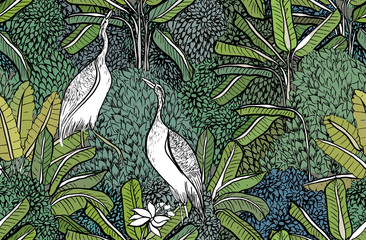 Fototapeta Crane birds in Tropical Plants Oriental Seamless Pattern, Exotic Palm Wildlife Print, Hand Drawn outline Drawing Rainforest Mountains
