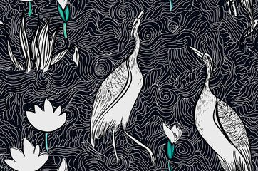 Fototapeta Pond with Heron and Lotus Seamless Pattern, Black and White Exotic Indian Design, Birds in Flowers in Lake Black Background, Doodle Illustration Oriental Design
