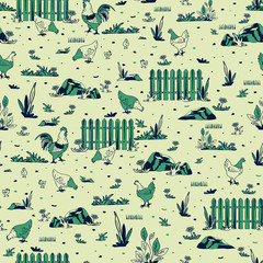 Seamless vector pattern with chickens farm on light grey background. Minimal farm house wallpaper design with blue colours. Beautify fabric fashion style with birds.