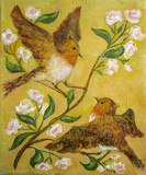 Fototapeta Dziecięca - Two flying birds on a yellow background, oil painting