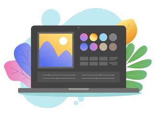 Aufkleber - Photo editor app online image software vector on laptop pc or computer artist studio picture creating on digital drawing program flat cartoon dark on colorful background