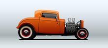 Orange Hot Rod, View From Side. Vector Illustration.