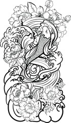 Wall Mural - Colorful Siamese fighting fish or betta fish swimming in Japanese wave with peony and daisy flowers for hand drawn tattoo art design in  geometric and circular ornament frame