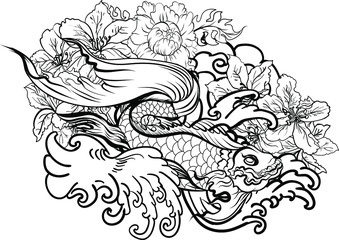 Wall Mural - Colorful Siamese fighting fish or betta fish swimming in Japanese wave with peony and daisy flowers for hand drawn tattoo art design in  geometric and circular ornament frame