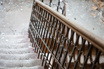 Poster -  dirty staircase with railing. garbage in houses