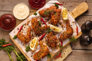 Canvas Print - High angle shot of delicious chicken wings with sauce, lemon and vegetables on the board