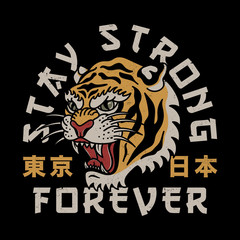 Wall Mural - Tiger Head Illustration with Stay Strong Slogan and Japan and Tokyo Words with Japanese Letters Vector Artwork for Apparel and Other Uses