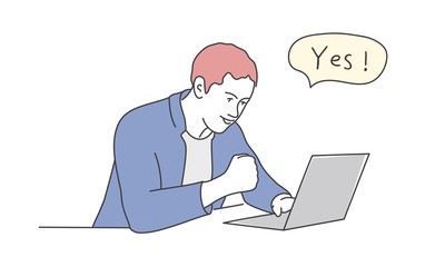 Sticker - Guy looks at the laptop and raises his hand in a yes gesture. Hand drawn vector illustration.