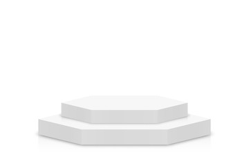 Poster - White 3d podium mockup in hexagon shape. Empty stage or pedestal mockup isolated on white background. Podium or platform for award ceremony and product presentation