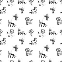 Vector cute simple leopard and leo line art pattern in black and  white colors.