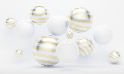 Poster - White abstract background with golden striped flying spheres. 3d rendering