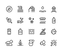 Aqua Line Icons. Water And Liquids In Containers Such As Glass Bottle Can, Rain Iceberg Sea And Geyser Water Sources. Vector Editable Strokes Liquid Symbol