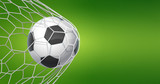 Fototapeta Sport - Football goal background. Soccer banner with ball in net and place for text, sport game and football championship cut. Vector illustration concept of goal in green