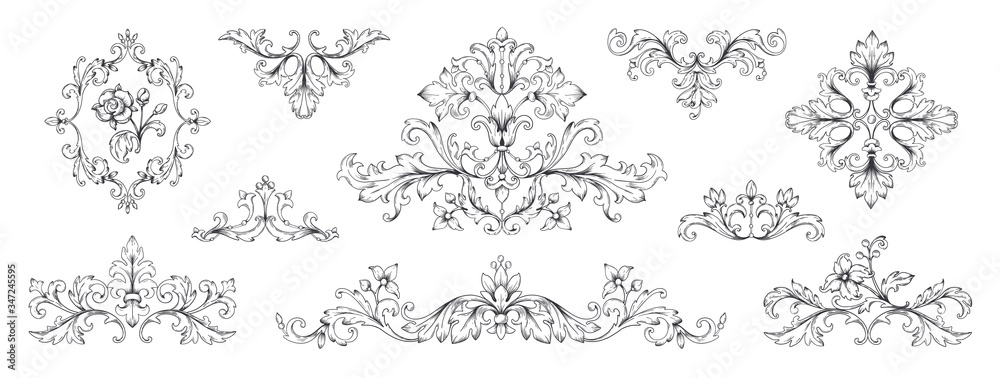 Floral baroque ornaments. Vintage Victorian frame decorative elements, swirl heraldic engraved with leaves and flowers. Vector retro ornamentals illustration set for designs - obrazy, fototapety, plakaty 