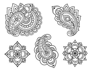 Set of Mehndi flower pattern for Henna drawing and tattoo. Decoration in ethnic oriental, Indian style. Doodle ornament. Outline hand draw vector illustration.