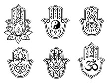 Set Of Hamsa Hand Drawn Symbol, Lotus Flower, Yin-Yang And OM Sigils. Decorative Pattern In Oriental Style For Interior Decoration And Henna Drawings. The Ancient Sign Of "Hand Of Fatima".