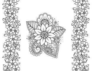 Seamless pattern of mehndi flower and border for Henna drawing and tattoo. Decorative doodle ornament in ethnic oriental, Indian style. Outline hand draw vector illustration.