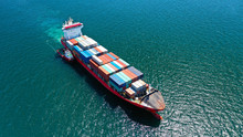 Aerial Drone Photo Of Industrial Truck Size Container Cargo Ship Cruising Open Ocean Sea