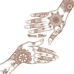 Female hands with traditional indian henna tattoo. Template for tottoo salon banner, wedding invitation, gift voucher, label. Vector illustration.