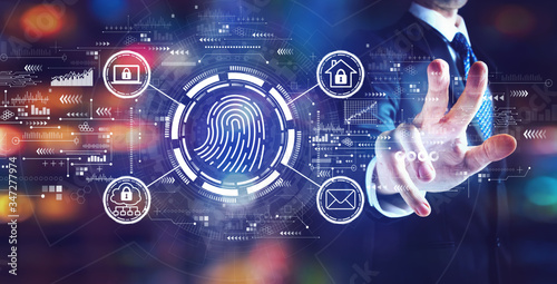 Fotomural Fingerprint scanning theme with businessman on night city background