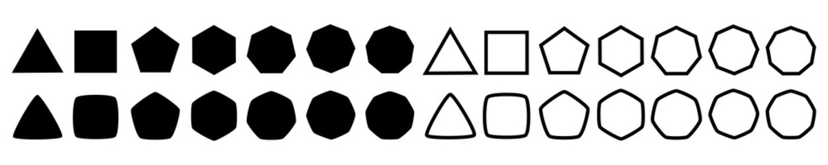 Poster - Set of geometric shapes, polygons with various number of sides: triangle, quadrangle, pentagon, hexagon, heptagon, octagon, nonagon icons collection, sharp and slightly rounded version - vector