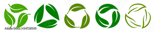 Photographie Set of biodegradable recyclable plastic free package icon, recycle leaves label logo template