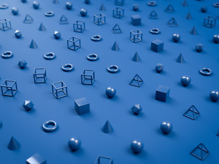 Fototapete - 3d render of blue geometry shapes and forms on blue background. Abstract minimistic backdrop or background