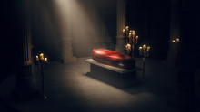 Closed Wood Coffin With Candles In A Dark Crypt / 3D Rendering, Illustration