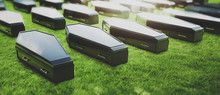 Grid Of Coffins Representing Mortality /3D Render