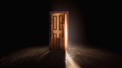 Wall Mural - 3d rendering of an open door with a bright light behind it