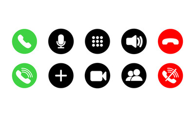 Poster - Mobile call buttons icons set flat. Phone, sound, microphone, camera, call symbols on isolated white background for applications, web, app. Set of communication icons. EPS 10 vector