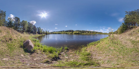 Wall Mural - seamless spherical hdri panorama 360 degrees angle view on grass coast of huge river or lake in sunny summer day and windy weather in equirectangular projection with zenith and nadir, VR AR content