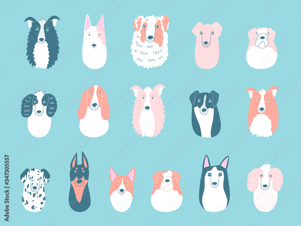 Vector set with portraits of cute dogs different breeds. Dog background ...
