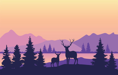 Canvas Print - Vector Mountains Background with Deer