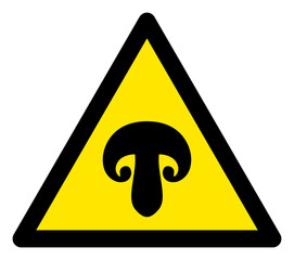 Vector champignon flat warning sign. Triangle icon uses black and yellow colors. Symbol style is a flat champignon hazard sign on a white background. Icons designed for notice signals, road signs,