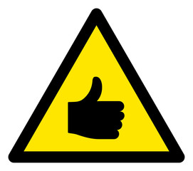 Vector positive rating flat warning sign. Triangle icon uses black and yellow colors. Symbol style is a flat positive rating attention sign on a white background. Icons designed for notice signals,