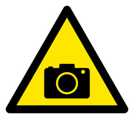 Vector photo camera flat warning sign. Triangle icon uses black and yellow colors. Symbol style is a flat photo camera attention sign on a white background. Icons designed for caution signals,