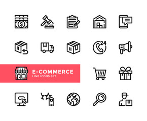 Poster - E-commerce vector line icons. Simple set of outline symbols, graphic design elements. Line icons set. Pixel Perfect