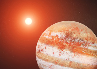 Wall Mural - red jupiter like fiction planet in outer space with rising sun close up. 3d render illustration. ele