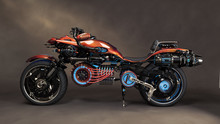 Futuristic Sci Fi Custom Motorcycle Concept With Studio Background . 3d Rendering Illustration