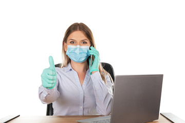 Sticker - Business woman with mask at work - isolated