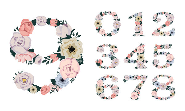 Floral numbers. Colorful flower font. Vector isolated illustration on white background