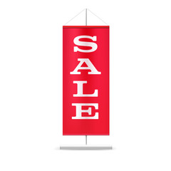 Poster - Sale text on red pennant isolated on white. Vertical flag with text about reduce of price. Vector illustration.