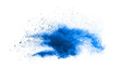 Bizarre forms of blue powder explosion cloud on white background. Launched blue dust particles splashing.
