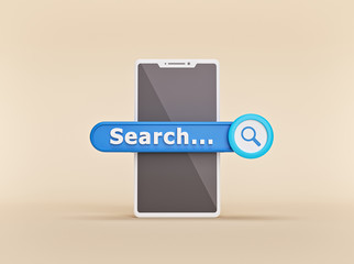 search bar and modern smartphone. web search concept. minimal design. 3d rendering