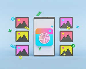 Poster - smartphone with camera icon and photos. cartoon style design. 3d rendering